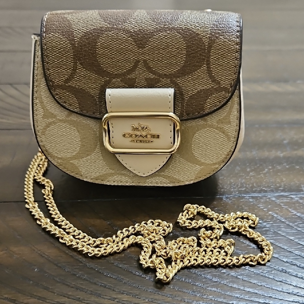 Coach Morgan Crossbody Cars Case in Khaki and Chalk with Gold Chain